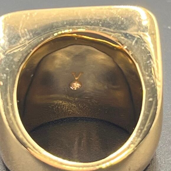 Heavy Gold Plated Vermeil Bezeled Green Malachite Chunky Cocktail Ring Sz 7 3/4 - Picture 7 of 9